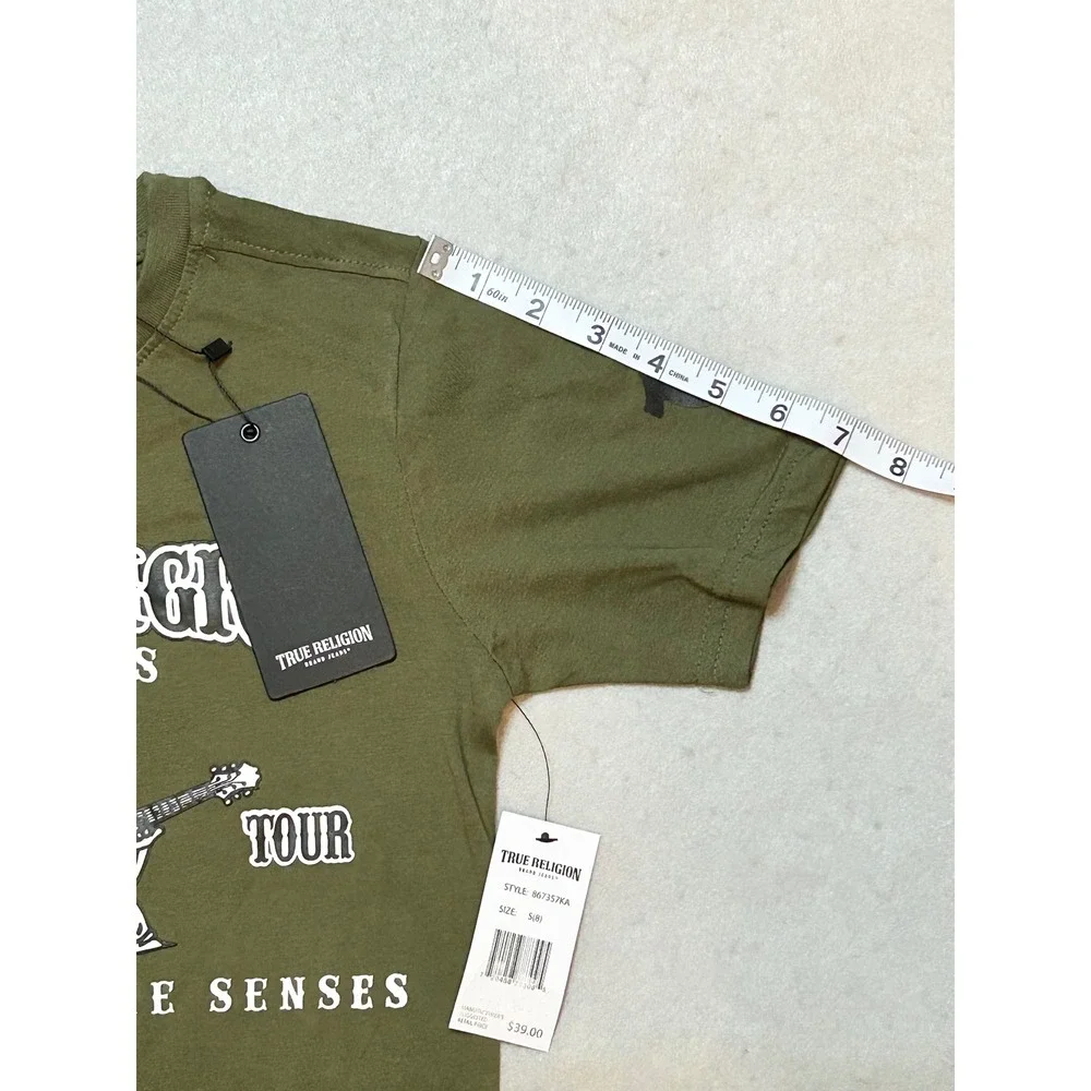True Religion Boys Olive Green Buddha World Tour Graphic T-Shirt Size S 8 NWT